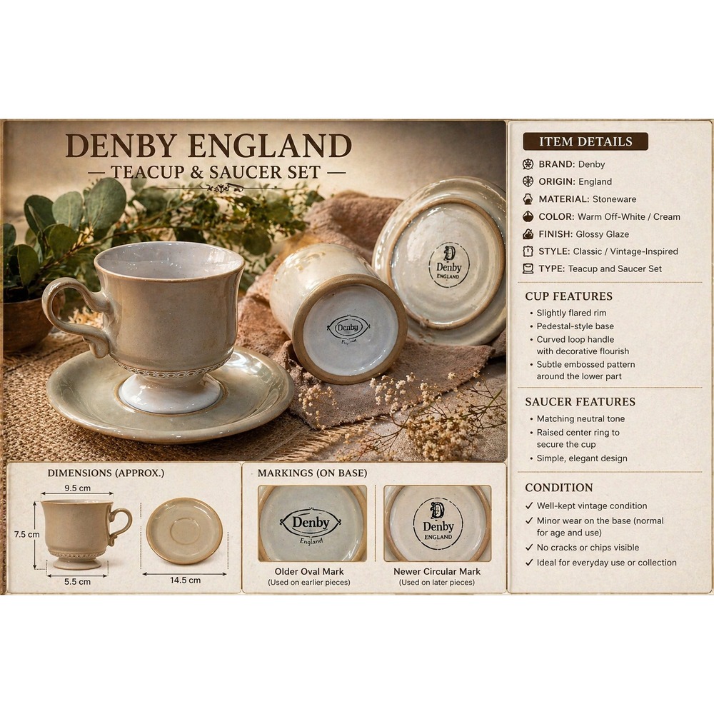Denby England Stoneware‎ Cup and Saucer Set Oatmeal Beige Vintage Footed Tea Cup